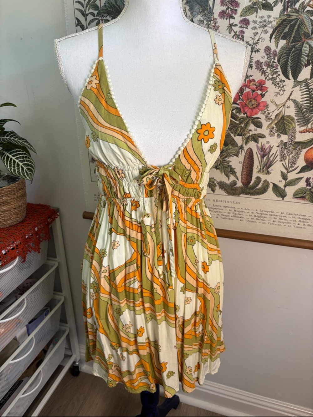 Retro Floral Tie-Front Summer Sundress in Yellow, Olive & Orange